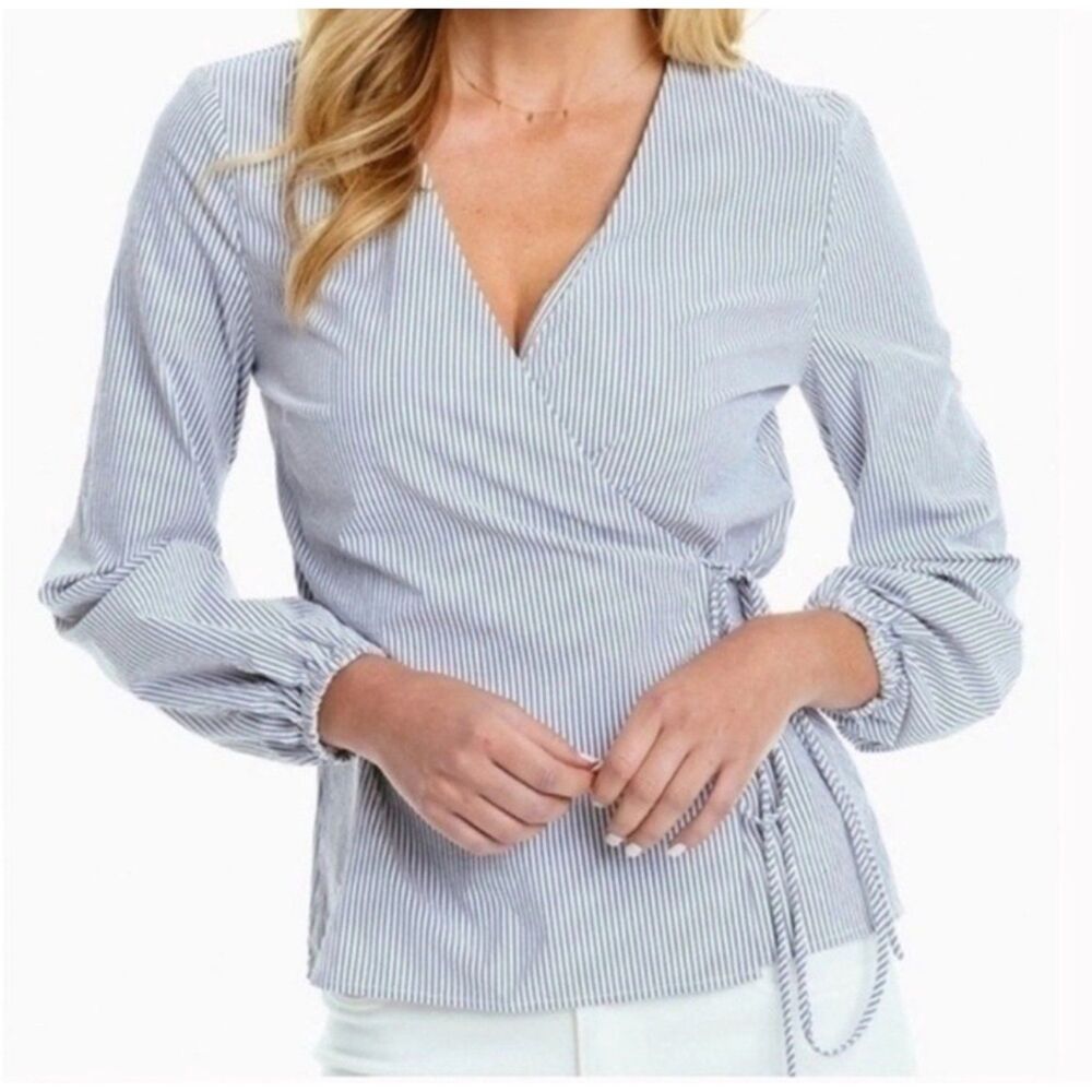 Southern Tide Blue and White Striped Wrap Blouse